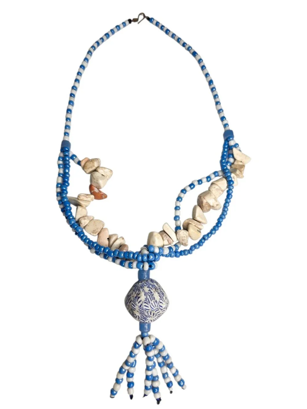 Blue & White Necklace Beaded Boho Multi Strand Large Artisan Clay Pendant Tassel